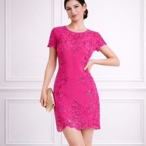 Lotus Thread Pink Floral Beaded Short Sleeve Mini Dress Size Small